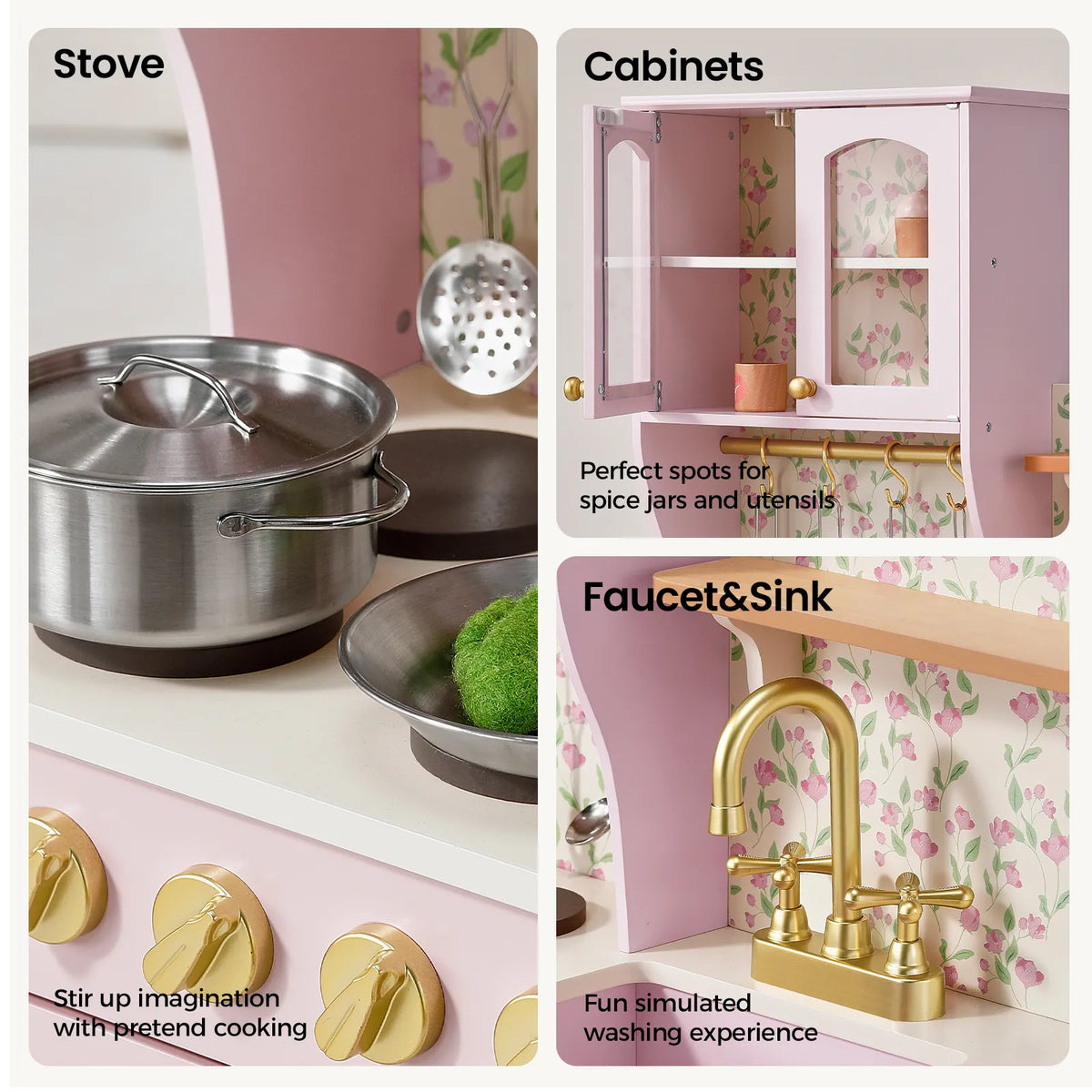 Tiny Land® Wooden Play Kitchen with Storage – 4 Colors