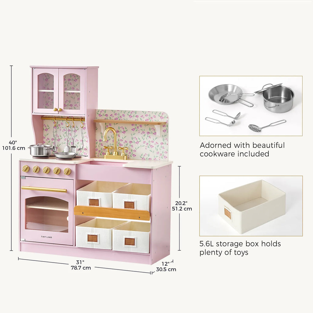 Tiny Land® Wooden Play Kitchen with Storage – 4 Colors