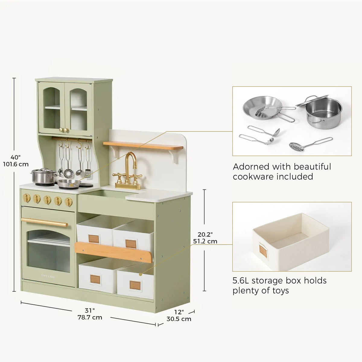 Tiny Land® Wooden Play Kitchen with Storage – 4 Colors